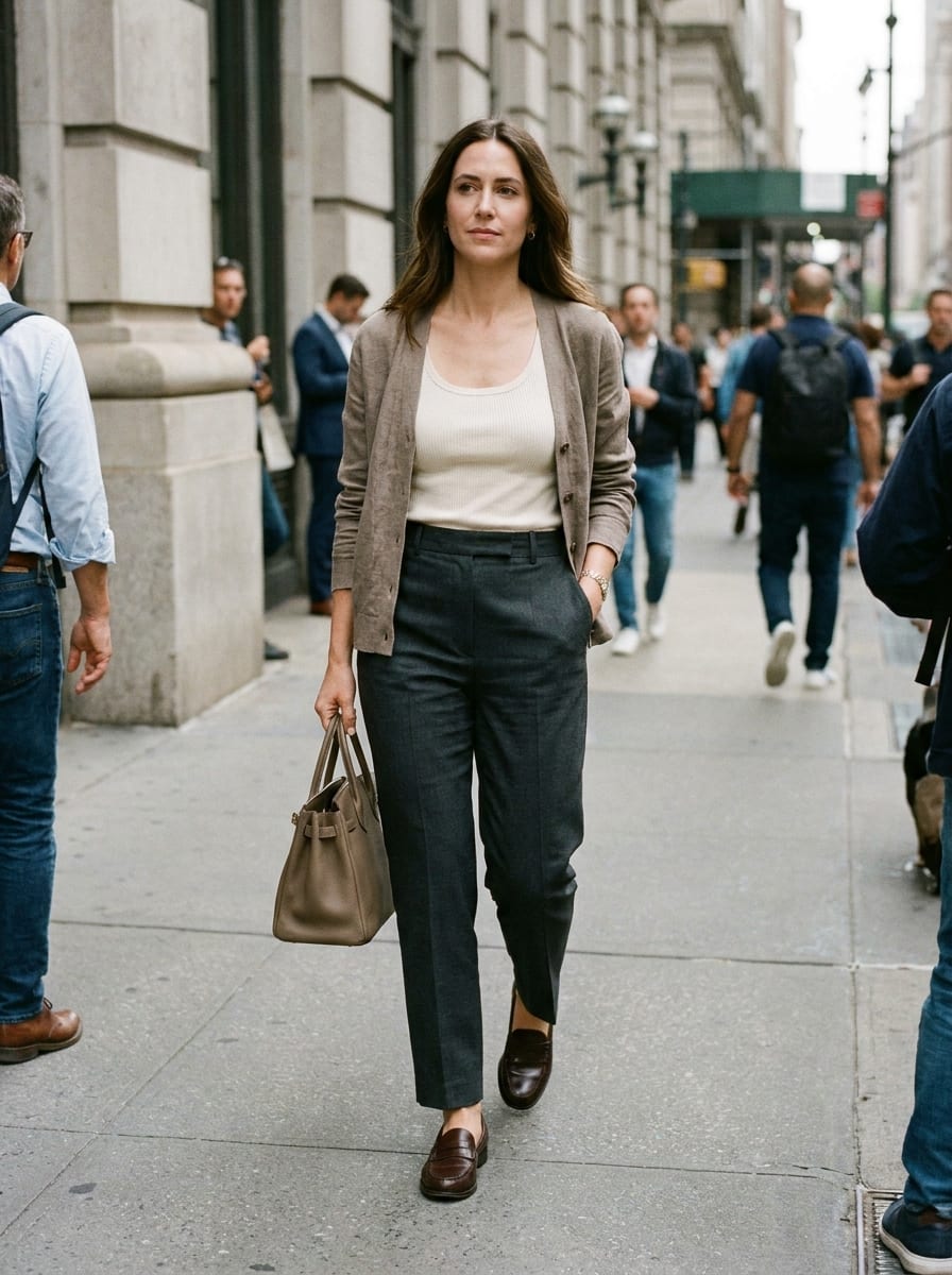 Strickjacke über Tanktop und Stoffhose - Spätsommer Outfit
